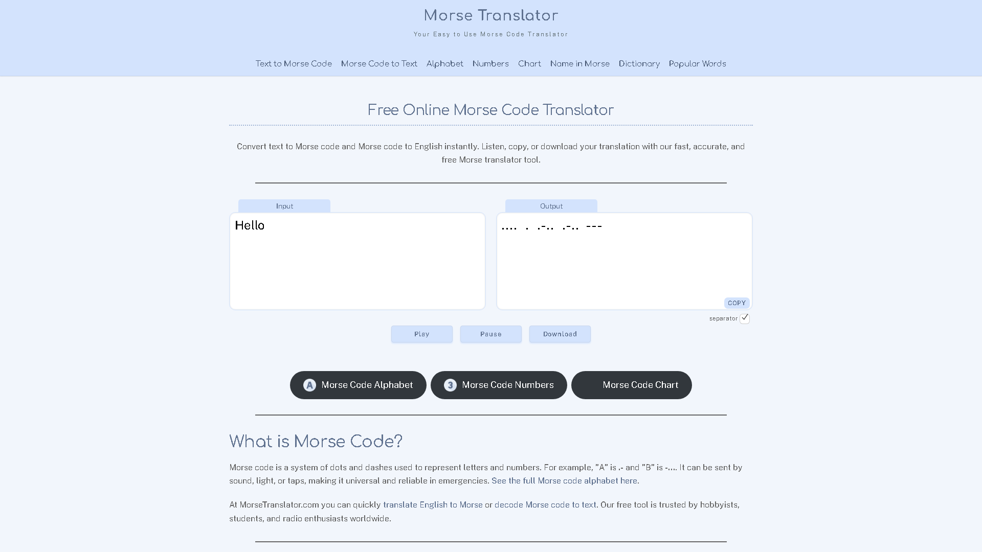 MorseTranslator.com Interface Screenshot - Education & Translation Tool