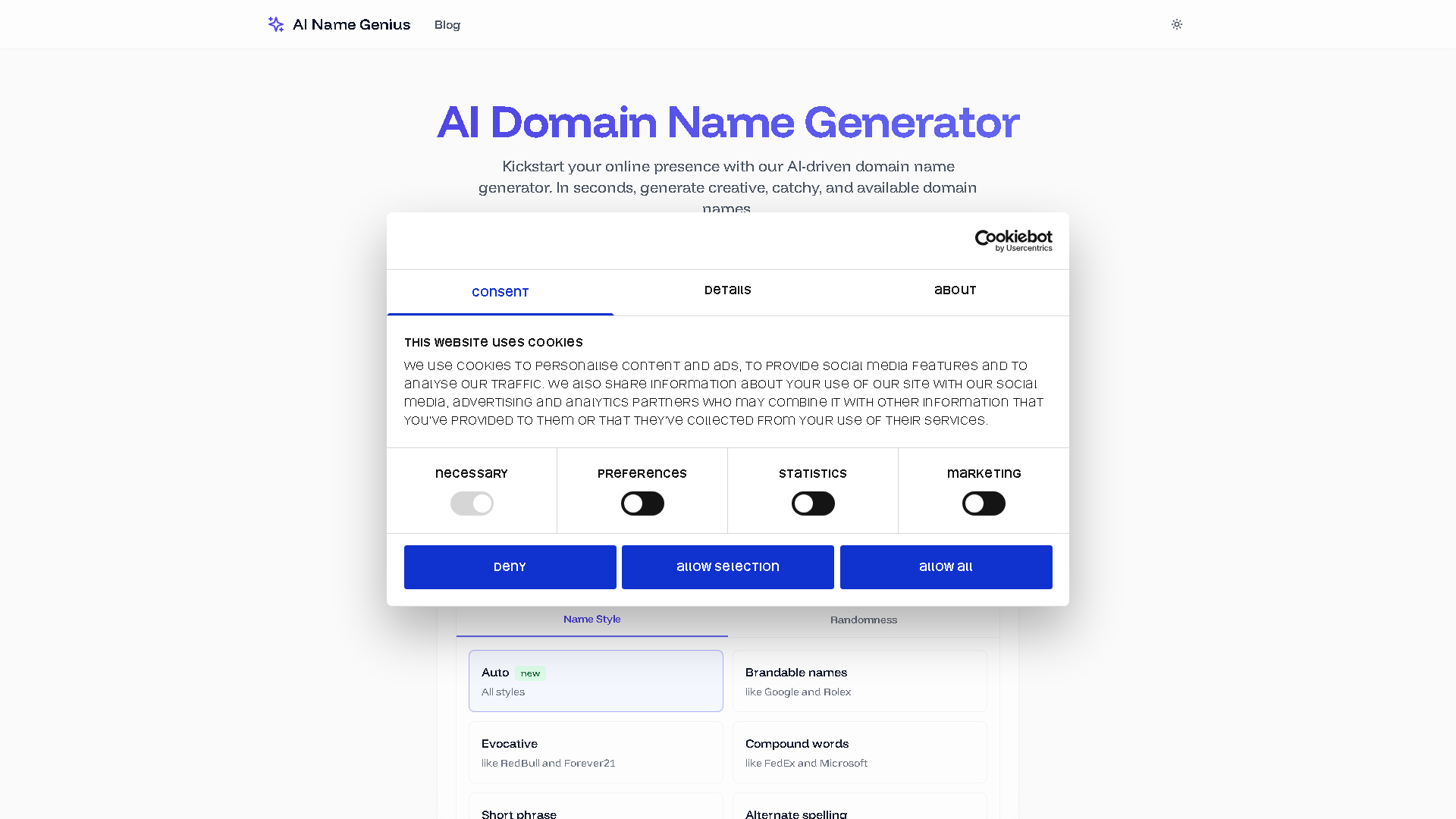 AI Name Genius Interface Screenshot - Writing & Editing Tool