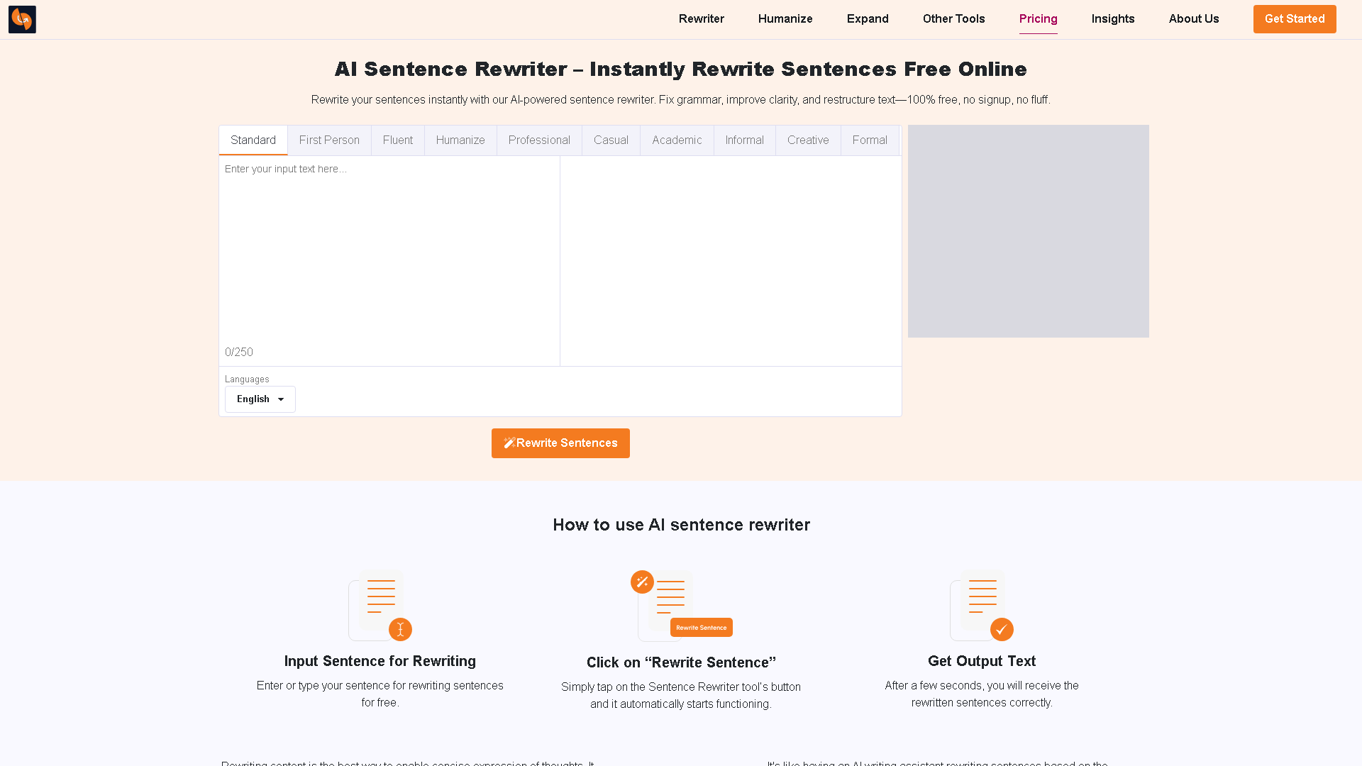 Sentence Rewriter Interface Screenshot - Writing & Editing Tool