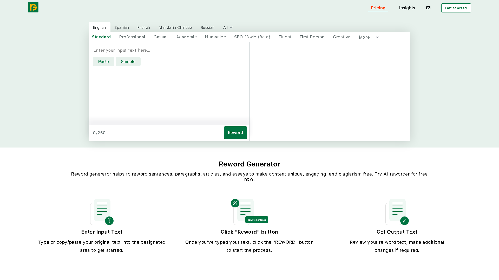 Reword Generator Interface Screenshot - Writing & Editing Tool
