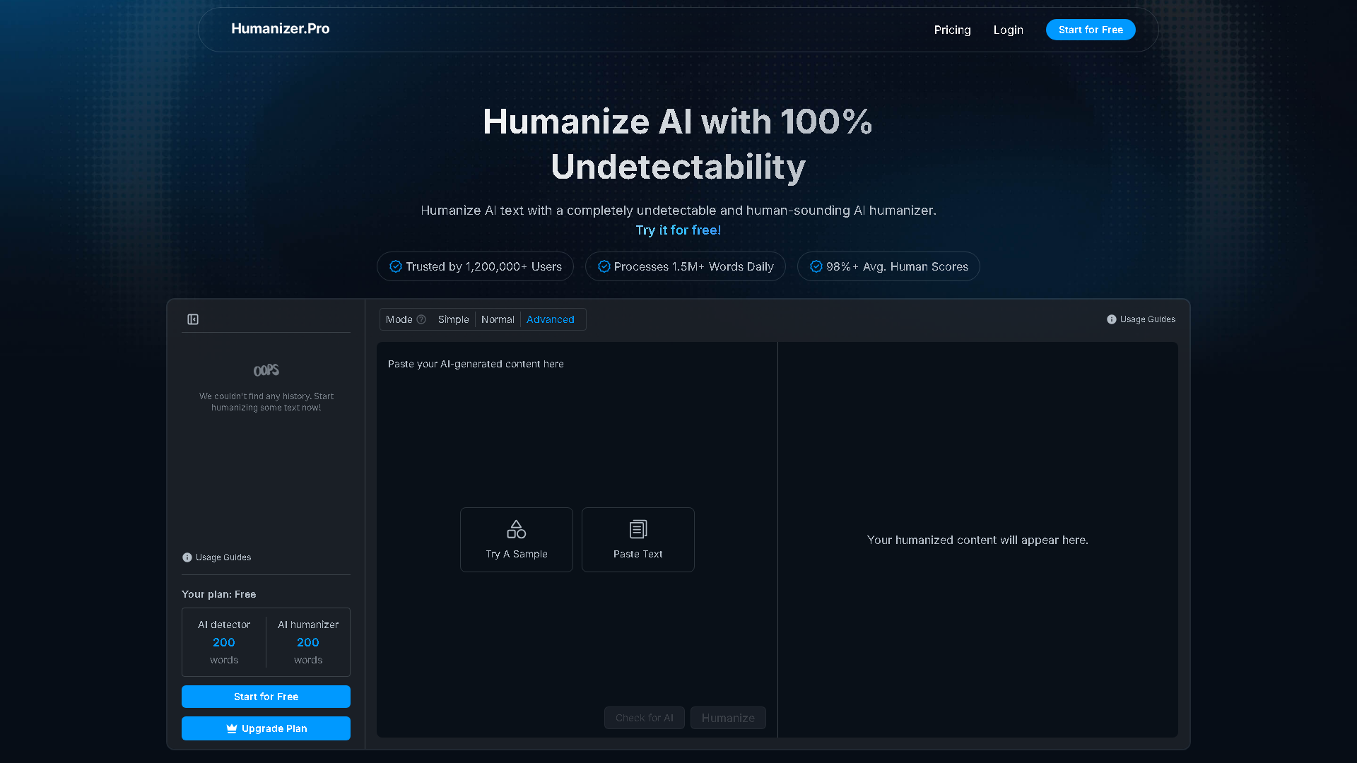 Humanizer Pro Interface Screenshot - Writing & Editing Tool