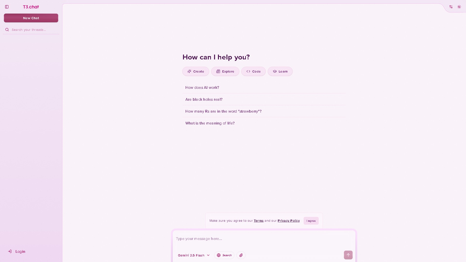 T3 Chat Interface Screenshot - Chatbots & Virtual Companions Tool