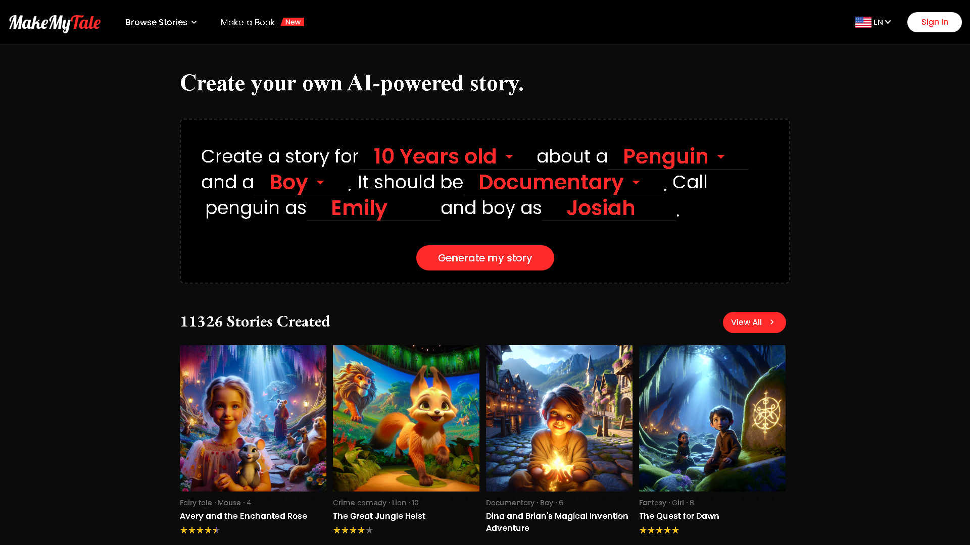 MakeMyTale Interface Screenshot - Writing & Editing Tool