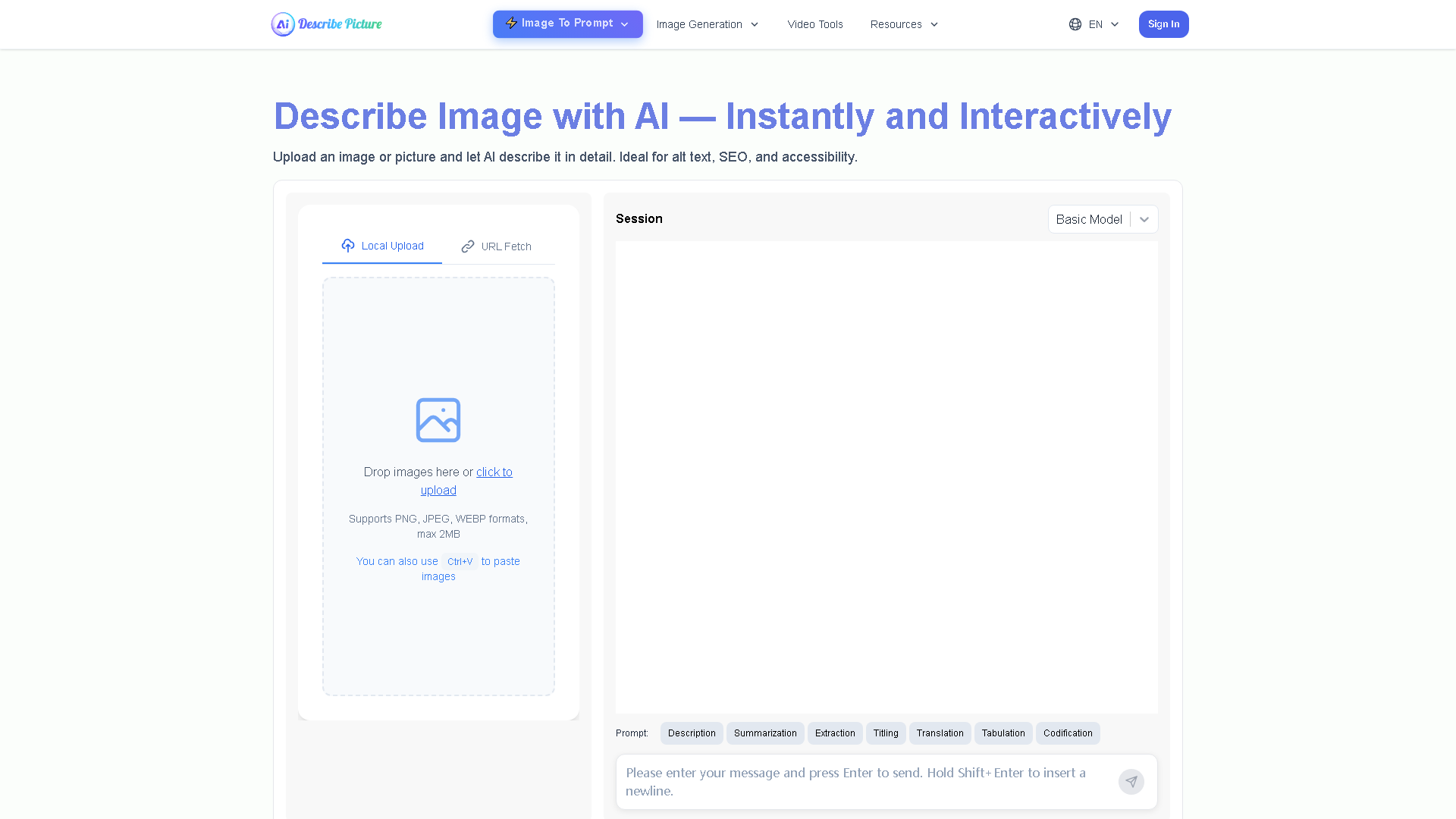 Describe Image & Picture - AI Image Description, Markdown, and Text Converter Interface Screenshot - Writing & Editing Tool