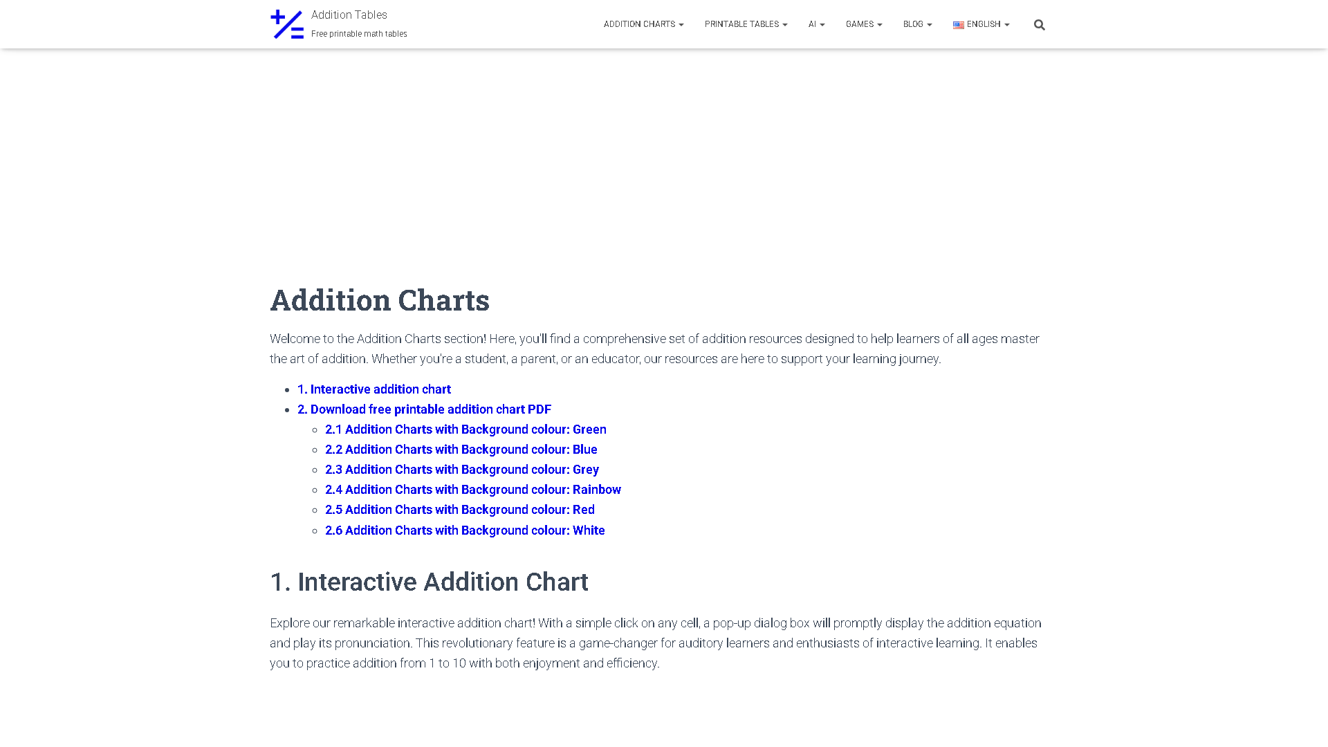 Addition Tables Interface Screenshot - Education & Learning Tool