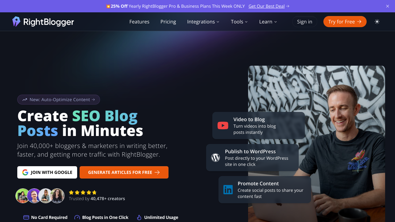 RightBlogger Pricing Interface Screenshot - Writing & Editing Tool