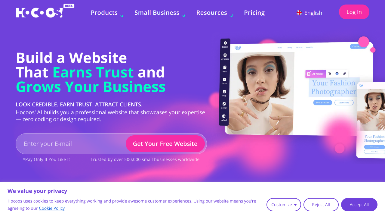 Hocoos AI Website Builder Pricing Interface Screenshot - Writing & Editing Tool