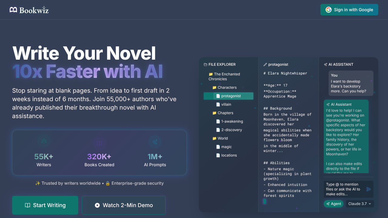 Bookwiz Interface Screenshot - Writing & Editing Tool