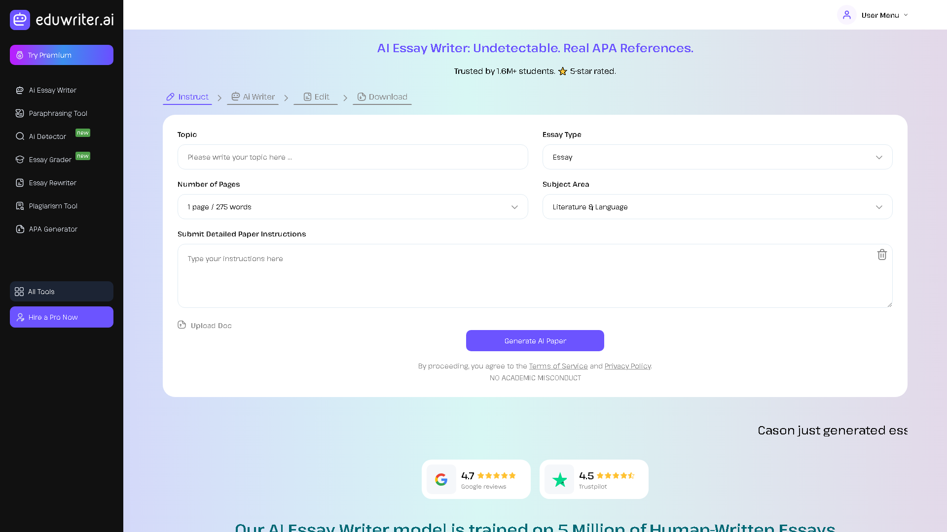 EduWriter AI Interface Screenshot - Writing & Editing Tool