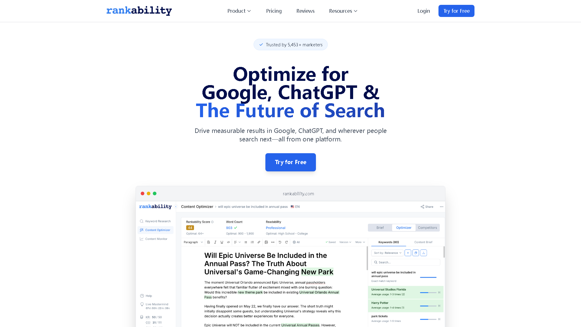 Rankability Interface Screenshot - Writing & Editing Tool