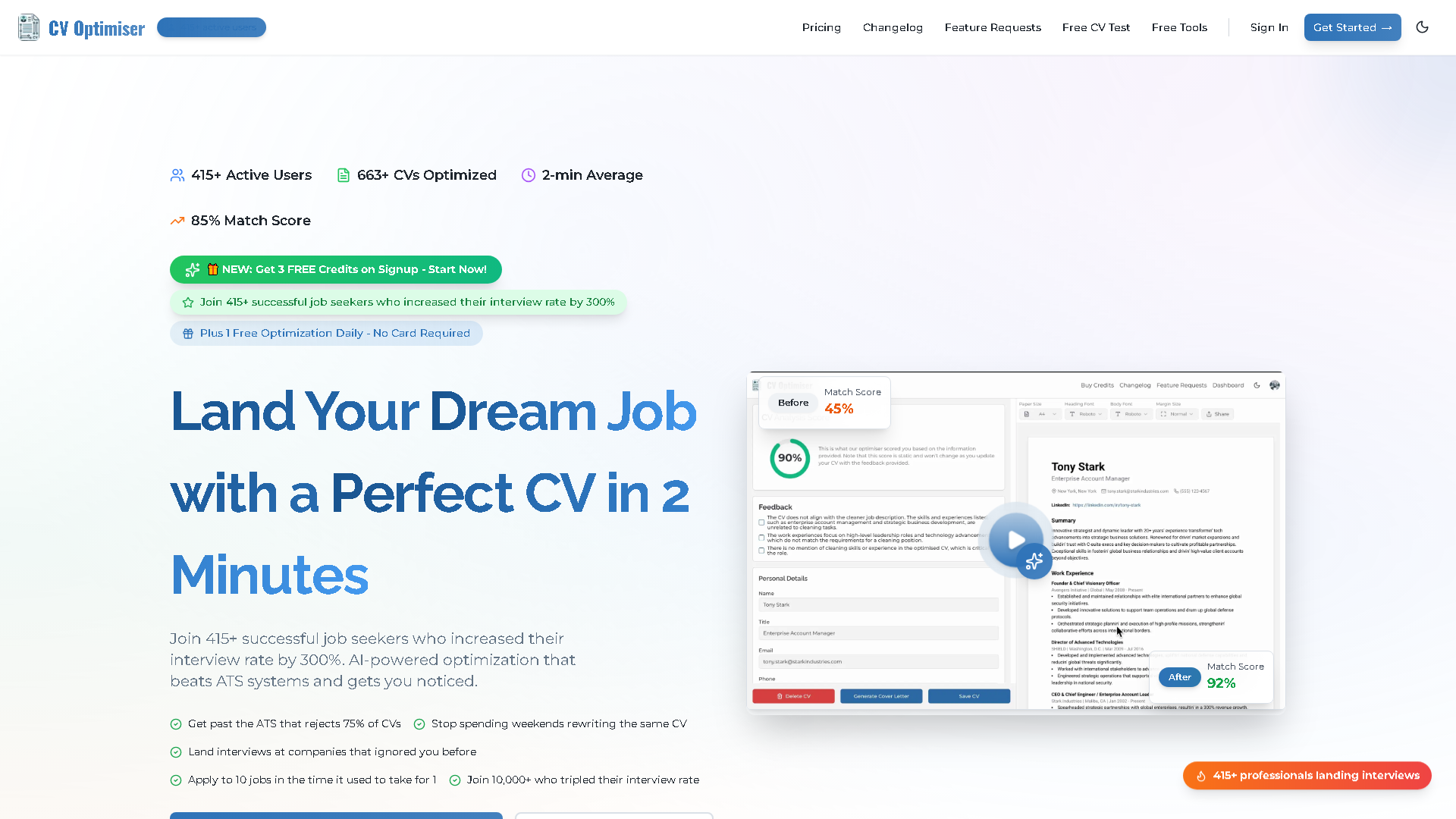 CV Optimiser Interface Screenshot - Writing & Editing Tool
