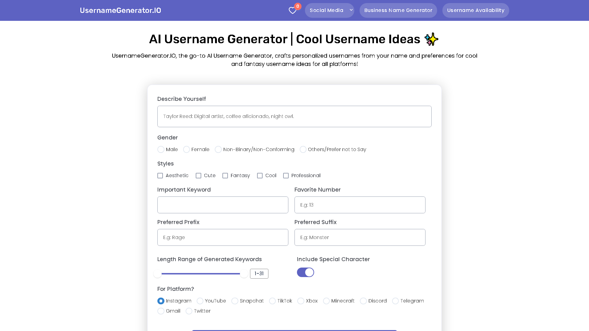 UsernameGenerator.IO Interface Screenshot - Writing & Editing Tool