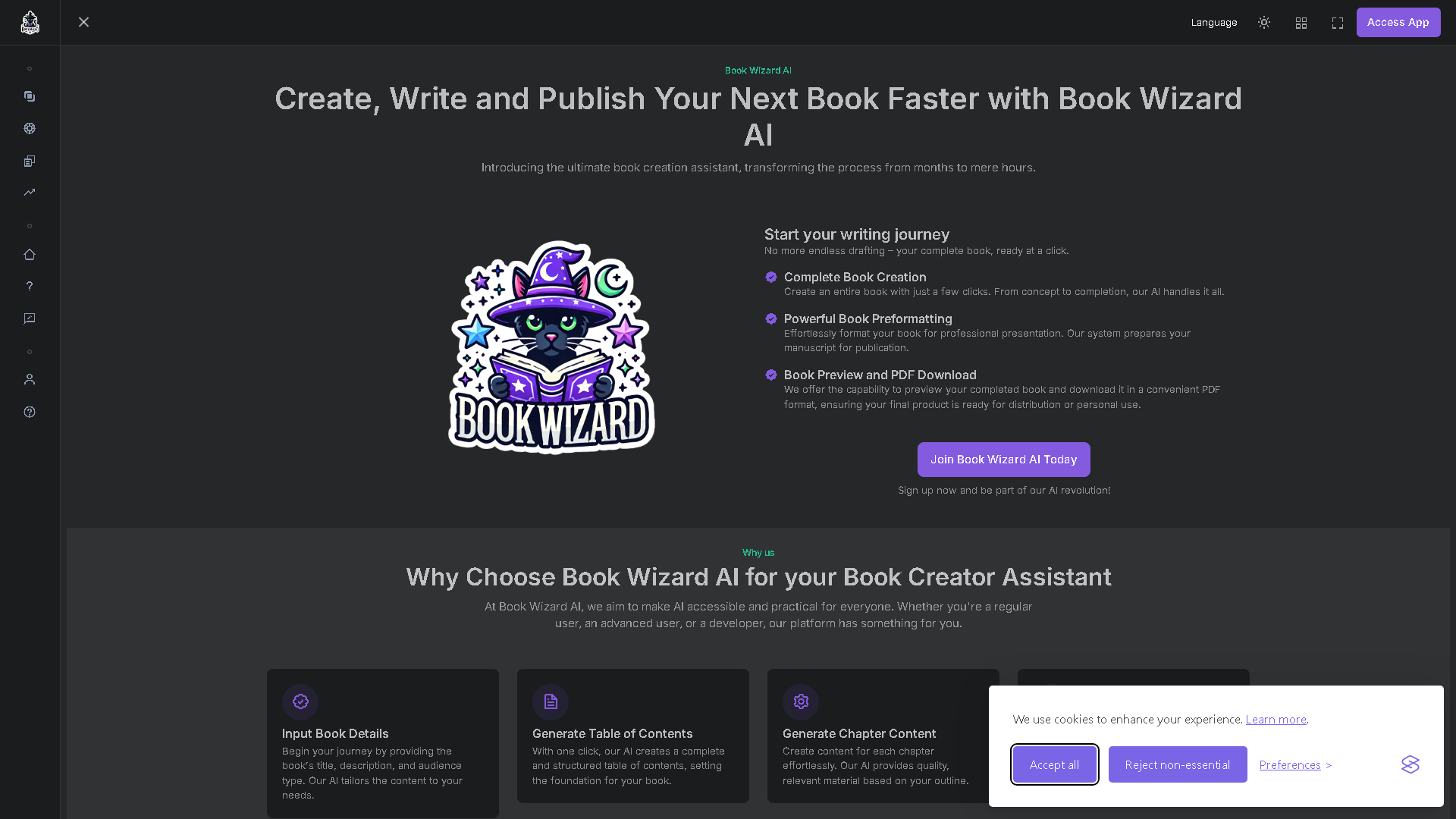 Book Wizard AI Interface Screenshot - Writing & Editing Tool