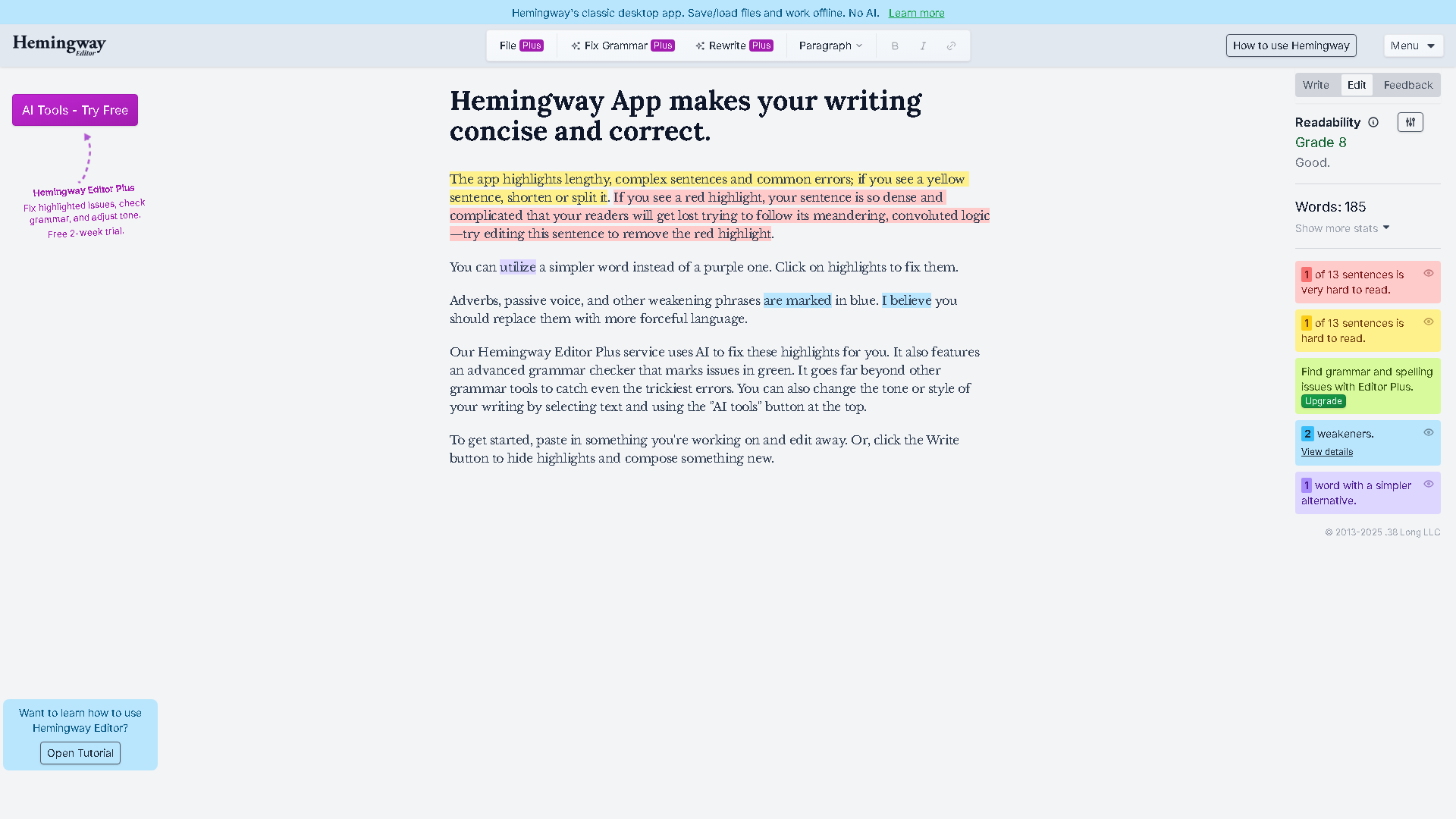 Hemingway Editor Interface Screenshot - Writing & Editing Tool