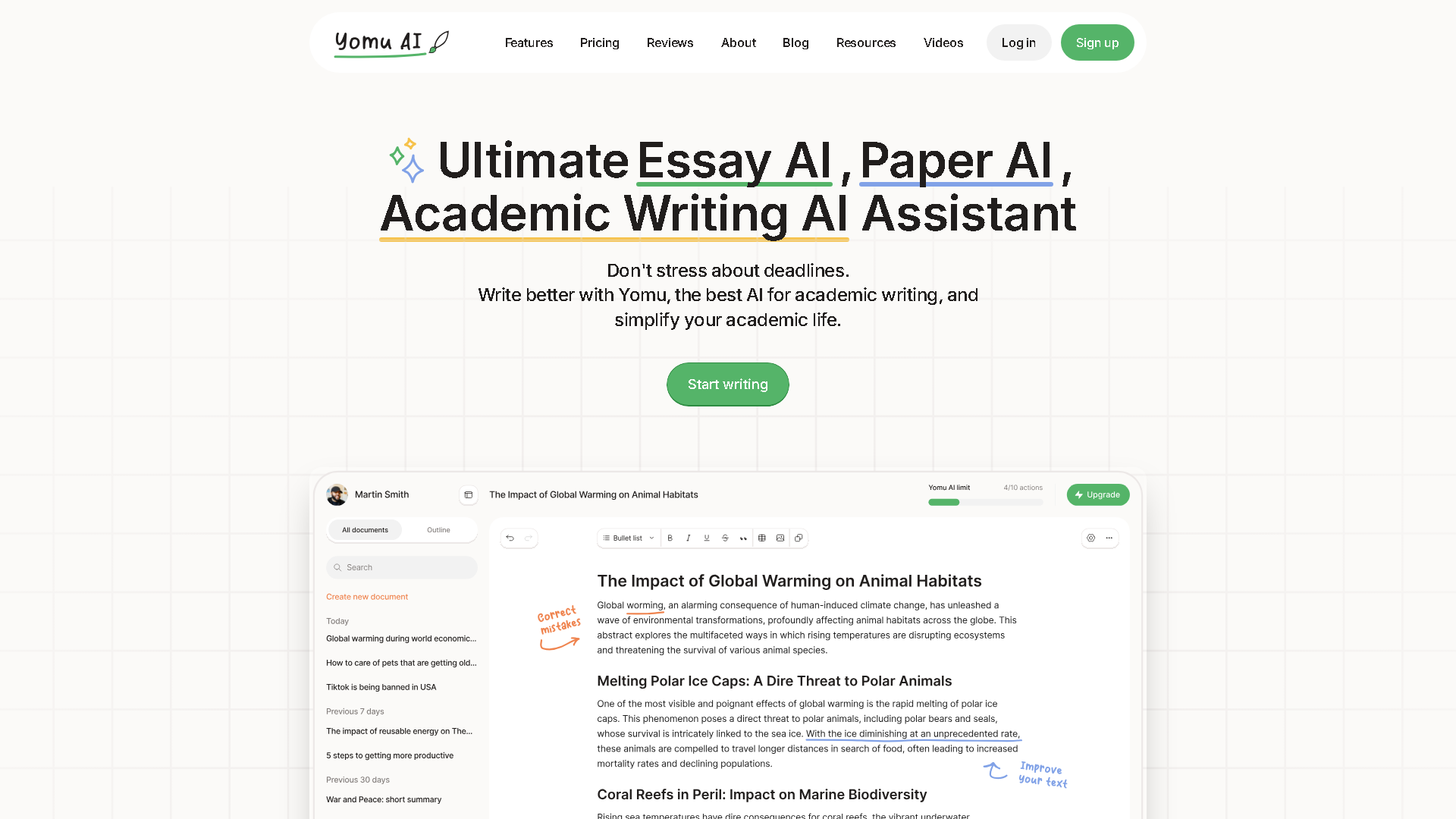 Yomu AI Interface Screenshot - Writing & Editing Tool
