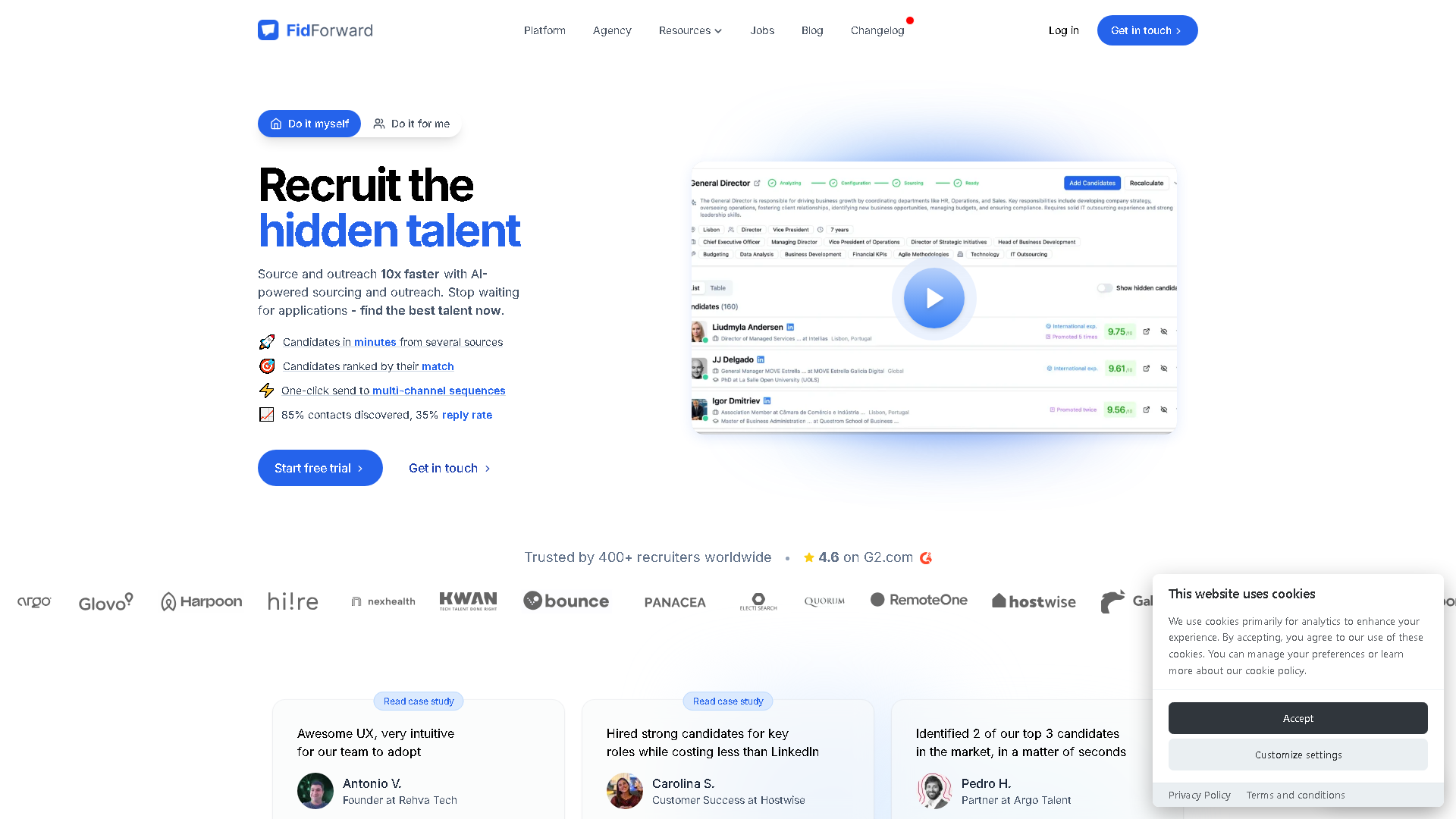 FidForward Talent Interface Screenshot - Writing & Editing Tool