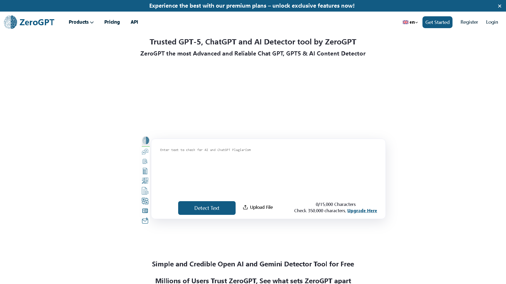 ZeroGPT Interface Screenshot - Writing & Editing Tool