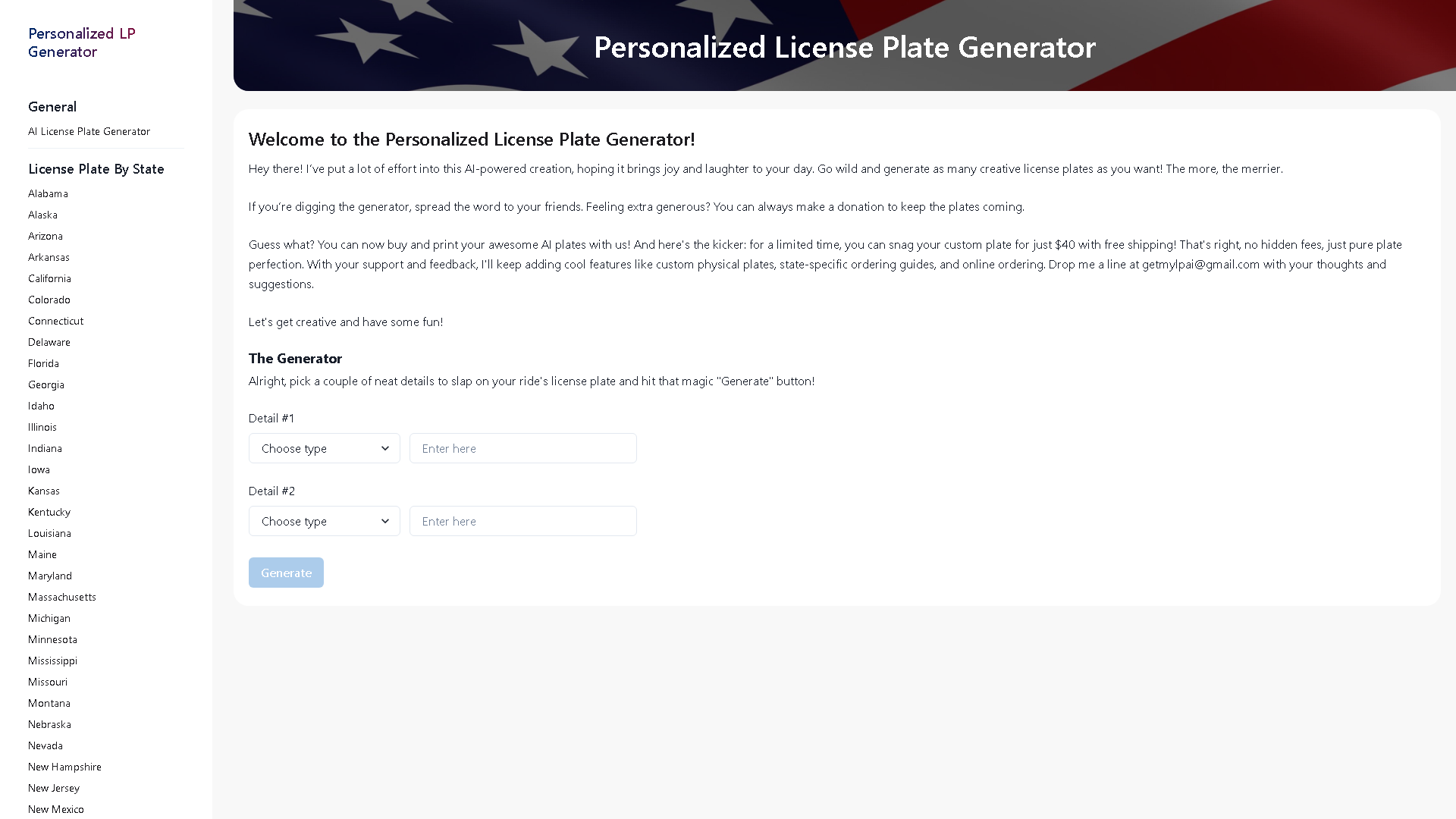 Personalized License Plate Generator Interface Screenshot - Writing & Editing Tool
