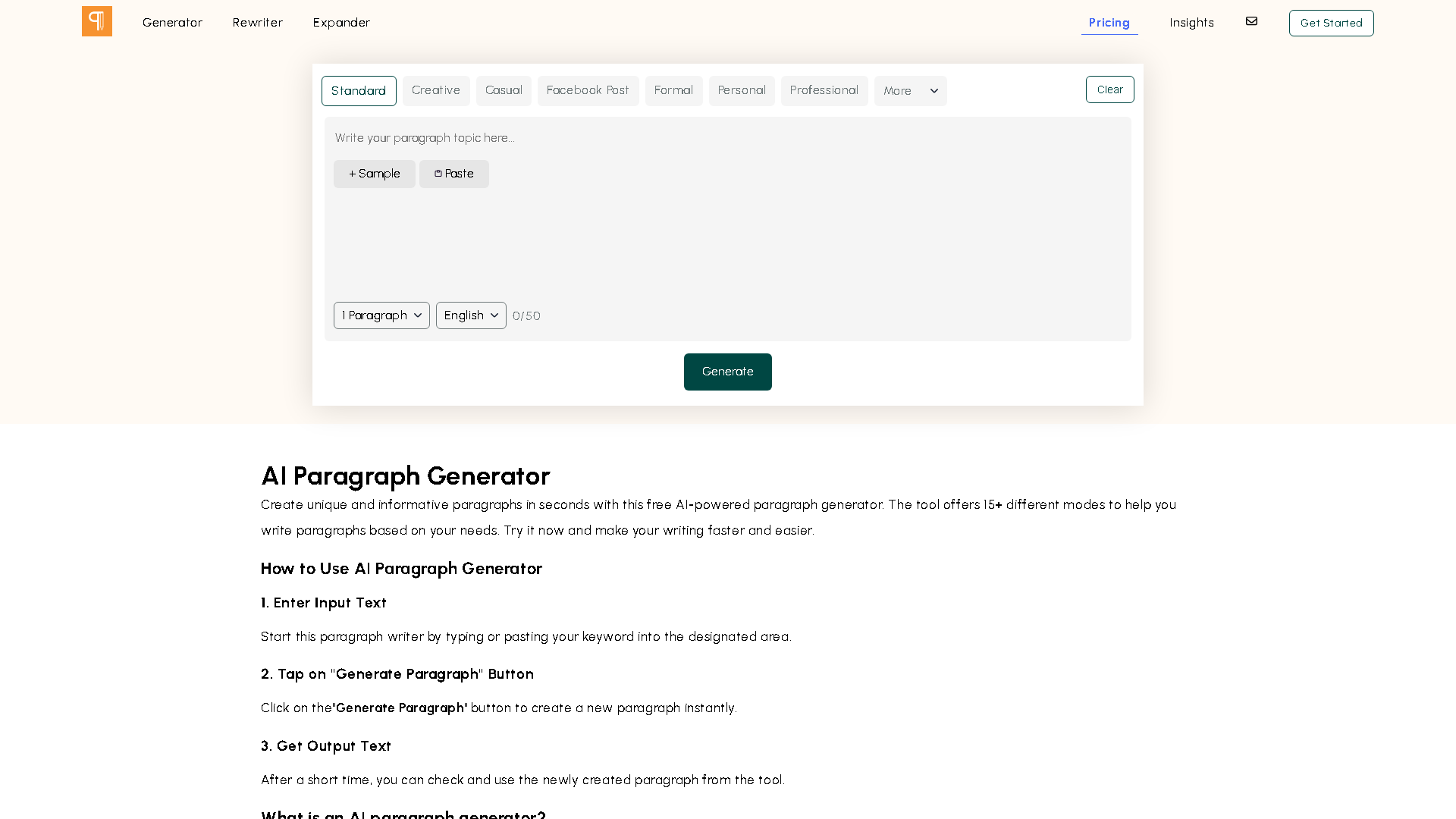 Qozex AI Paragraph Generator Interface Screenshot - Writing & Editing Tool