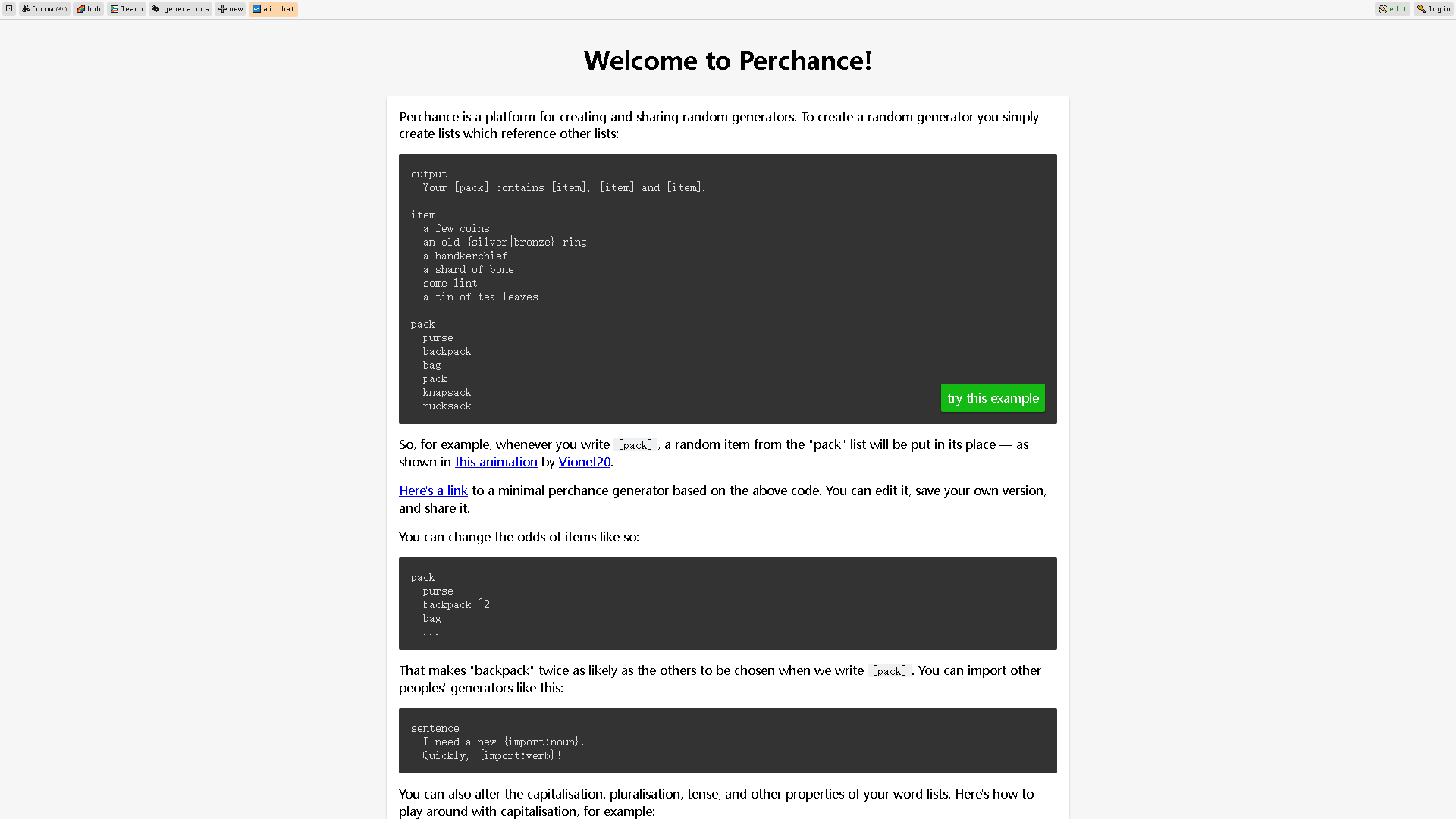 Perchance Interface Screenshot - Writing & Editing Tool