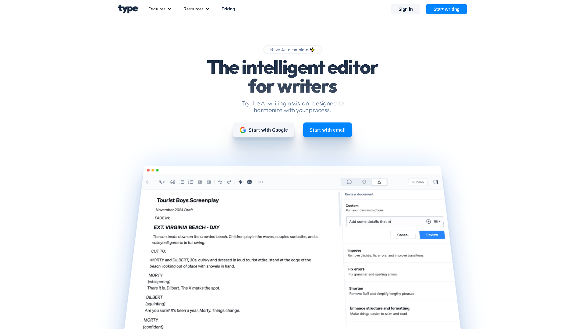 Type.ai Interface Screenshot - Writing & Editing Tool
