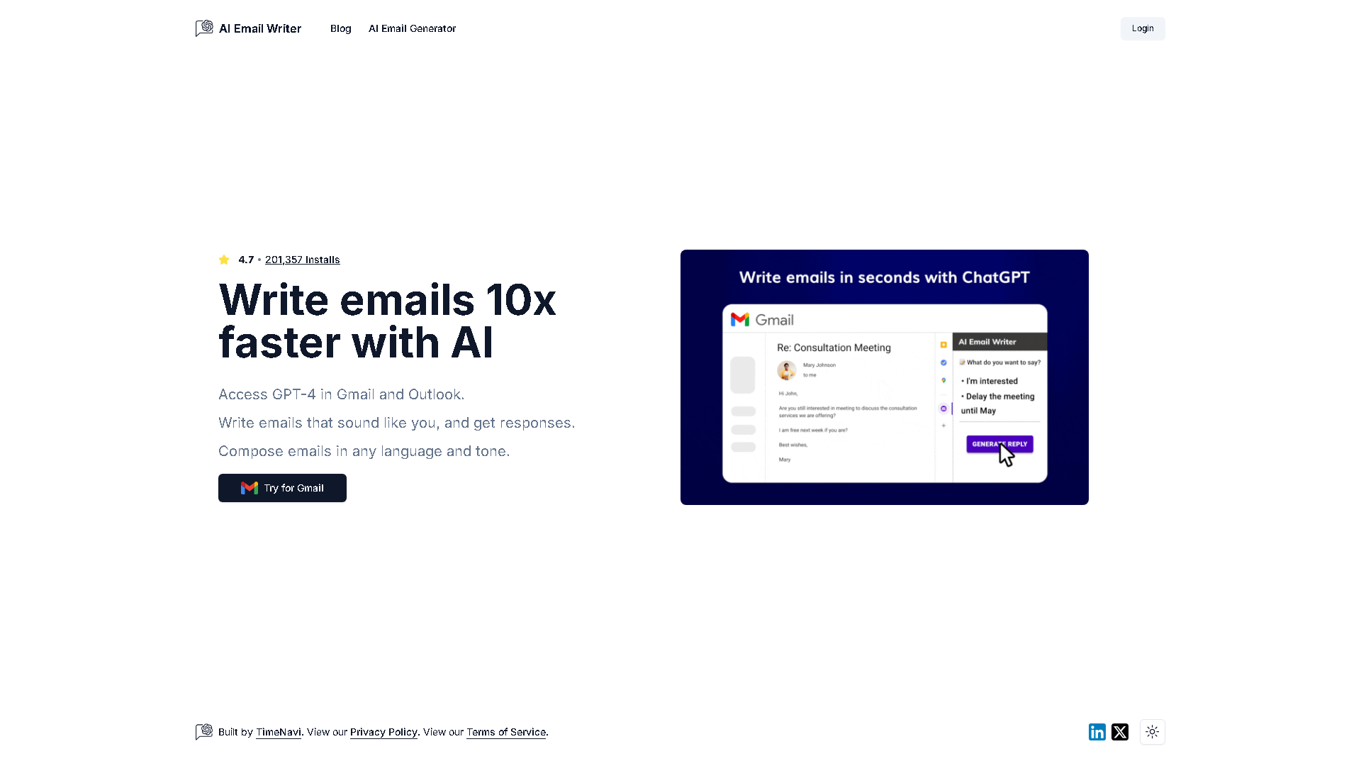 TimeNavi AI Email Writer Interface Screenshot - Writing & Editing Tool