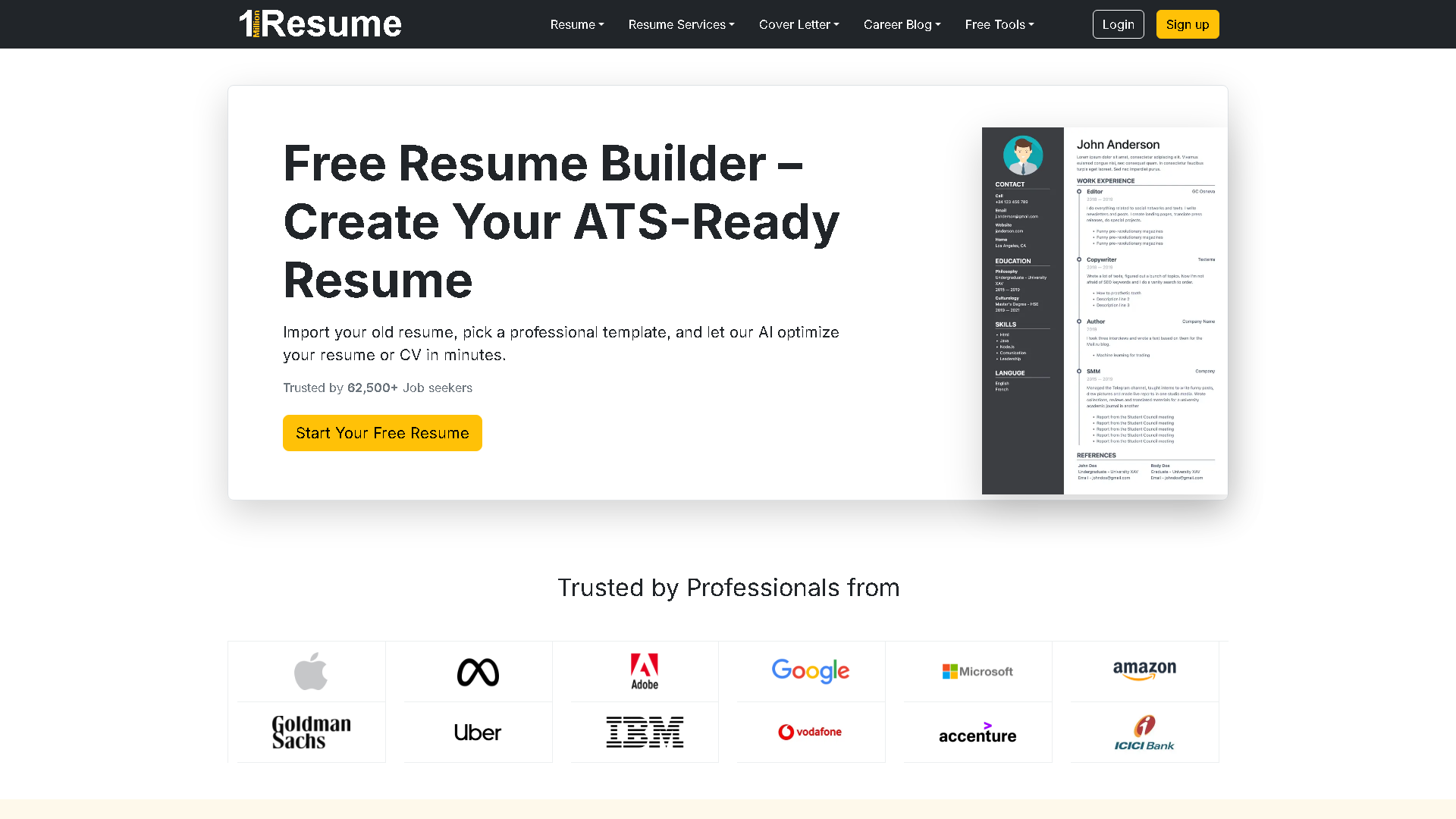 1MillionResume Interface Screenshot - Writing & Editing Tool