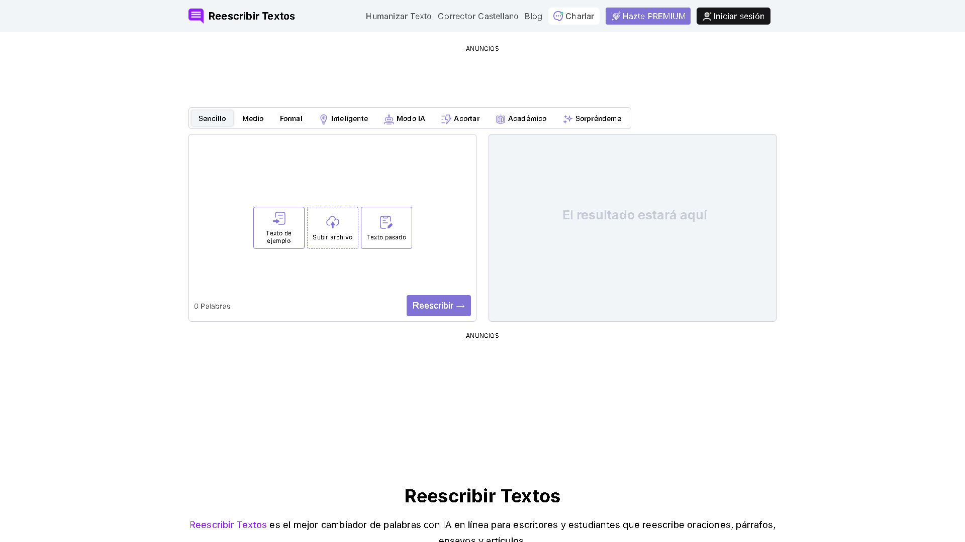 Reescribir Textos Interface Screenshot - Writing & Editing Tool