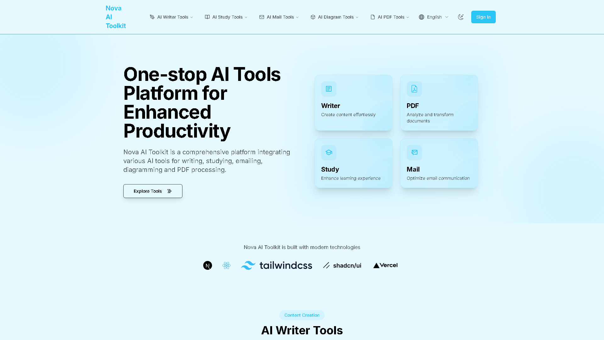 Nova AI Toolkit Interface Screenshot - Writing & Editing Tool