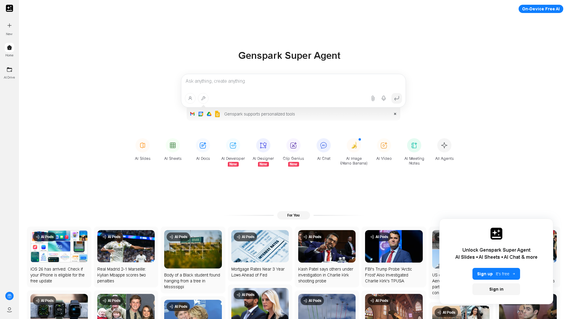 Genspark Interface Screenshot - Writing & Editing Tool