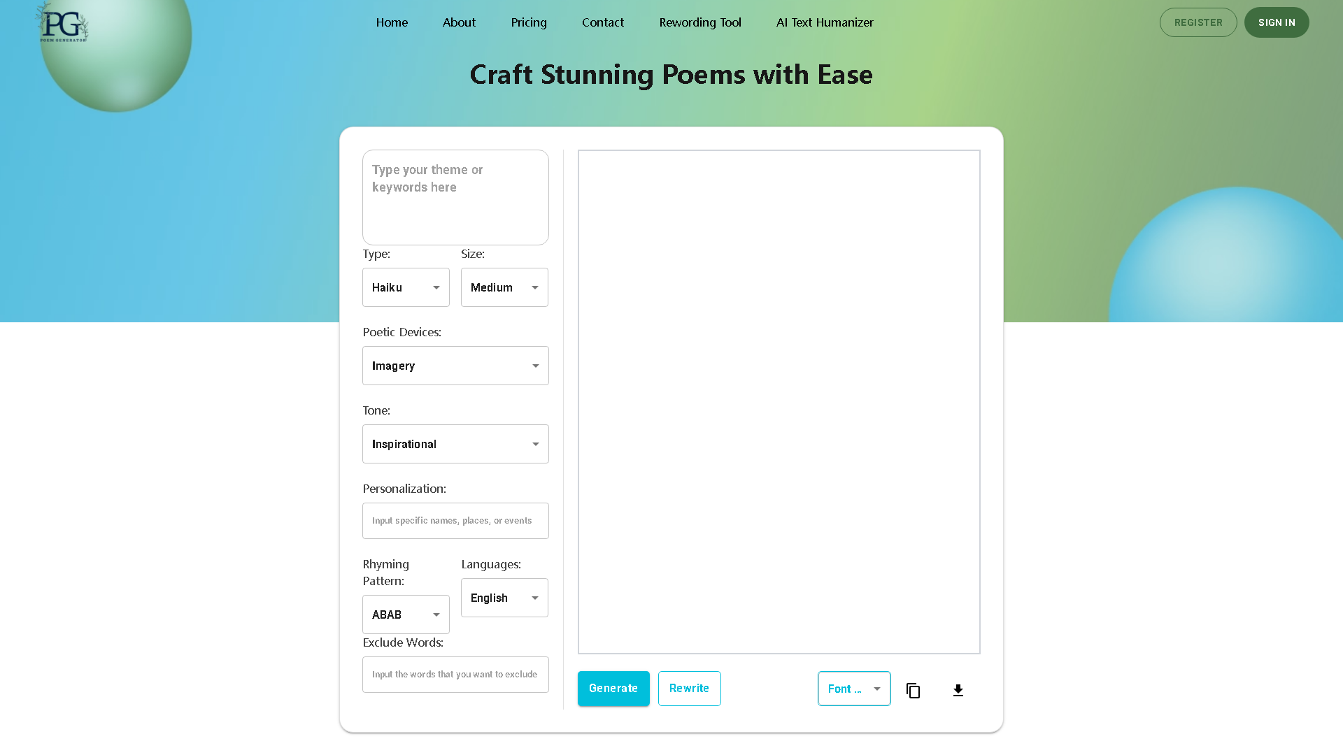 PoemGenerator.io Interface Screenshot - Writing & Editing Tool