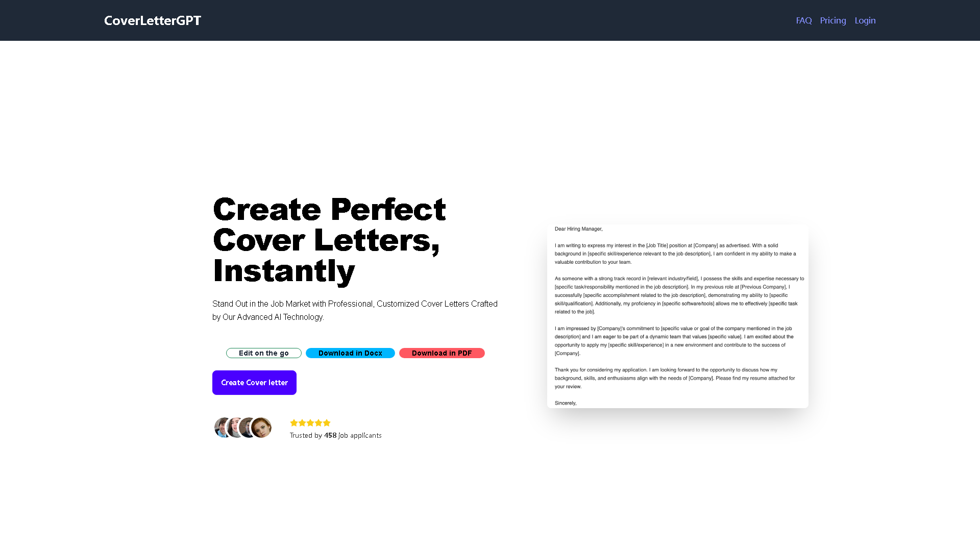 CoverLetterGPT Interface Screenshot - Writing & Editing Tool