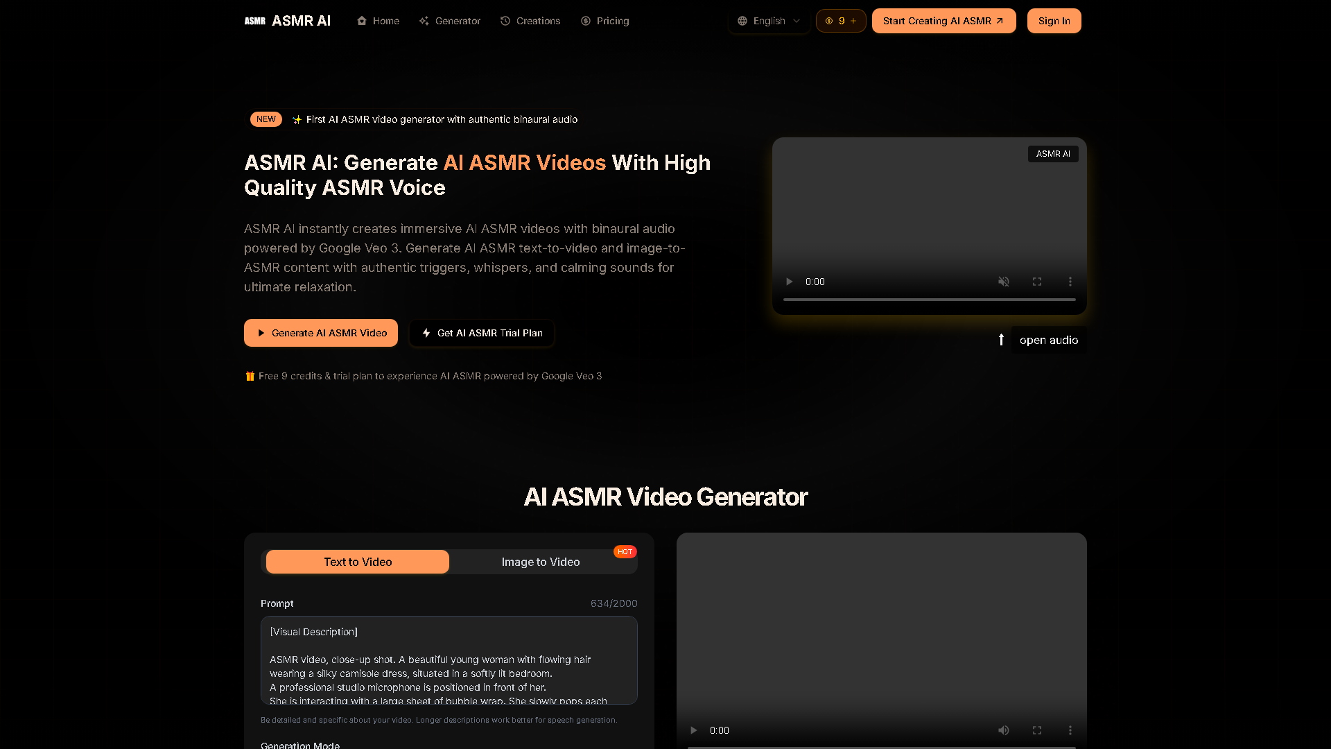 ASMR AI Interface Screenshot - Video & Animation Tool