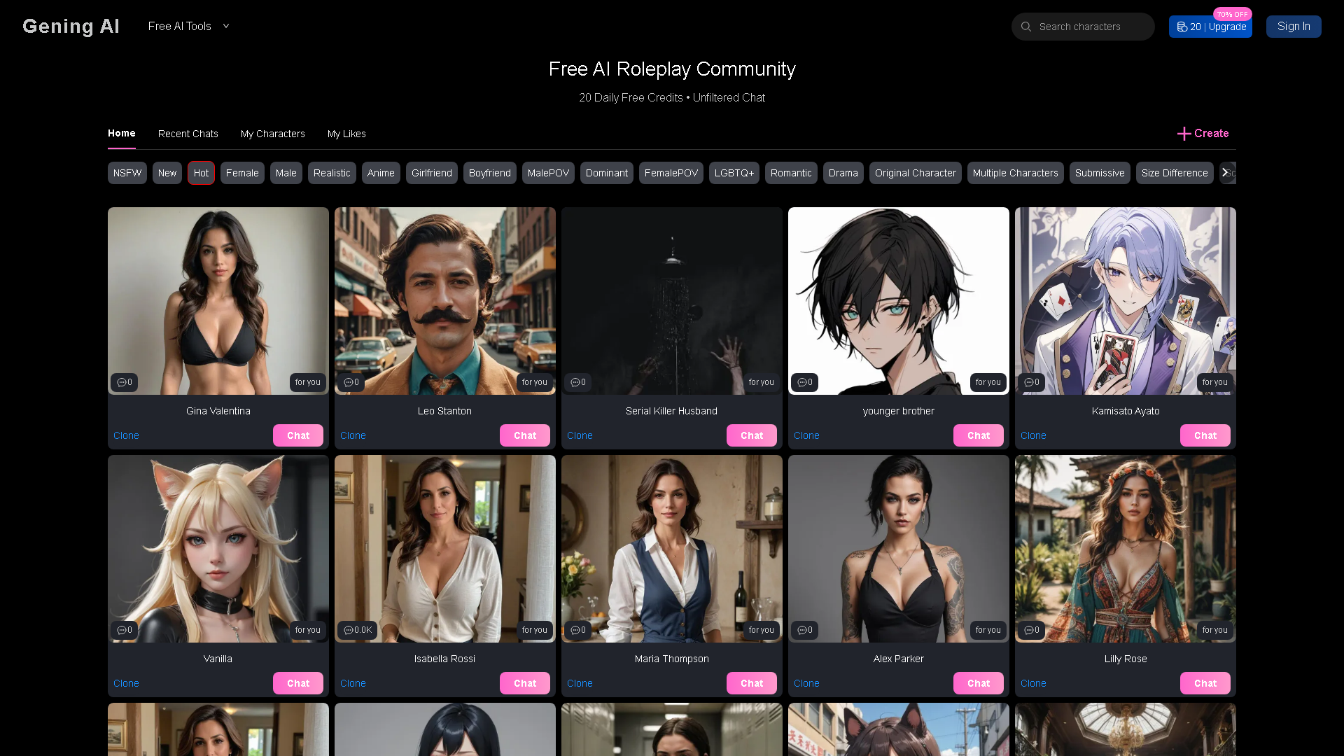 Gening AI Interface Screenshot - Chatbots & Virtual Companions Tool