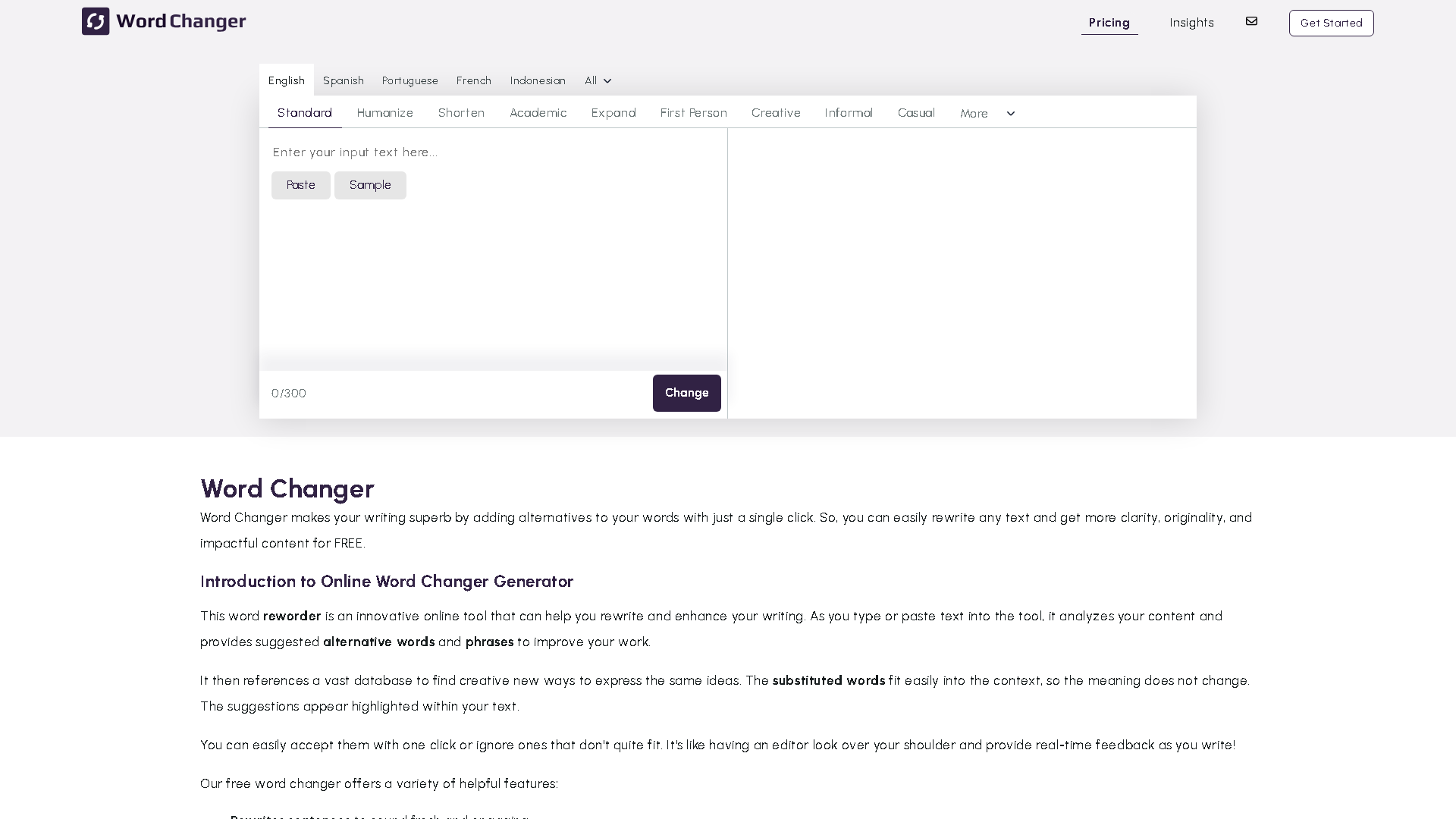 Word Changer Interface Screenshot - Writing & Editing Tool