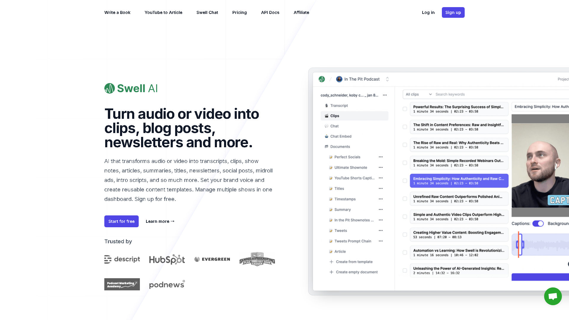 Swell AI Interface Screenshot - Writing & Editing Tool