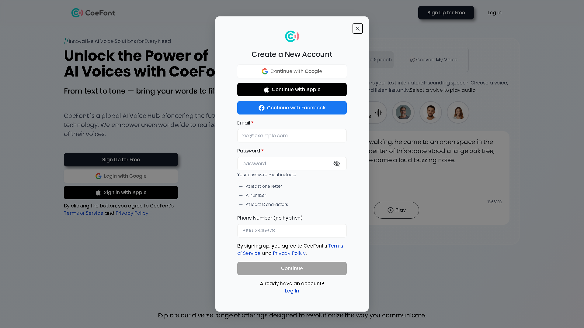 CoeFont Interface Screenshot - Voice Generation & Conversion Tool