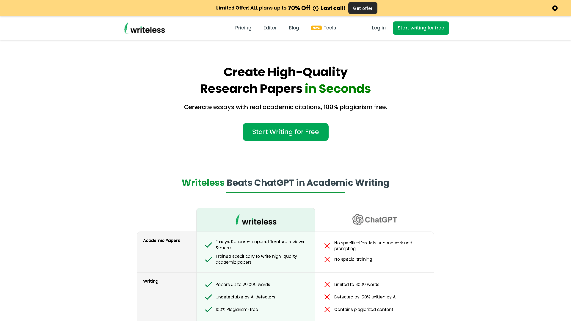 Writeless Interface Screenshot - Writing & Editing Tool
