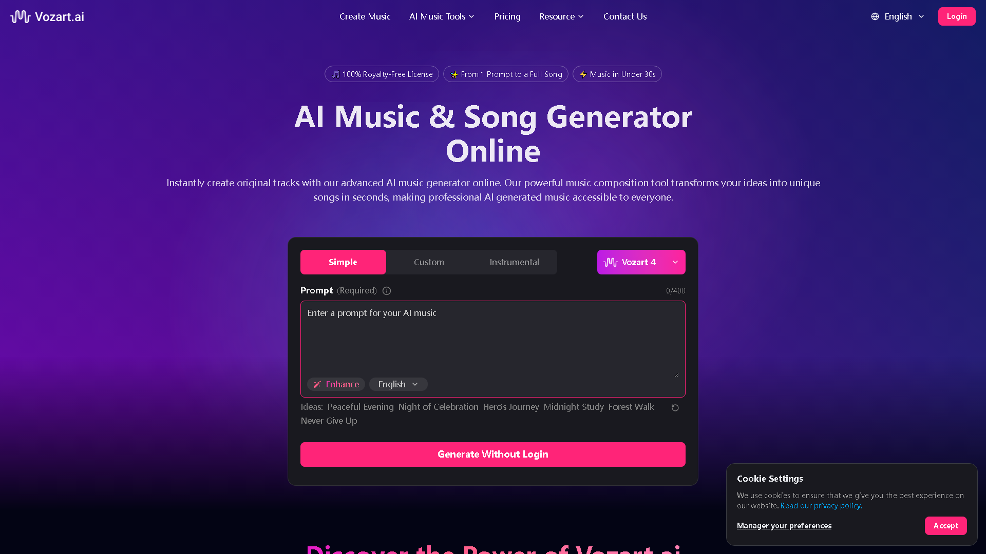Vozart AI Music & Lyrics Generator Interface Screenshot - Music & Audio Tool