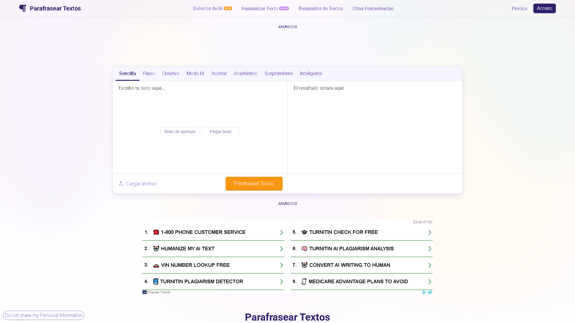Parafrasear Textos Interface Screenshot - Writing & Editing Tool