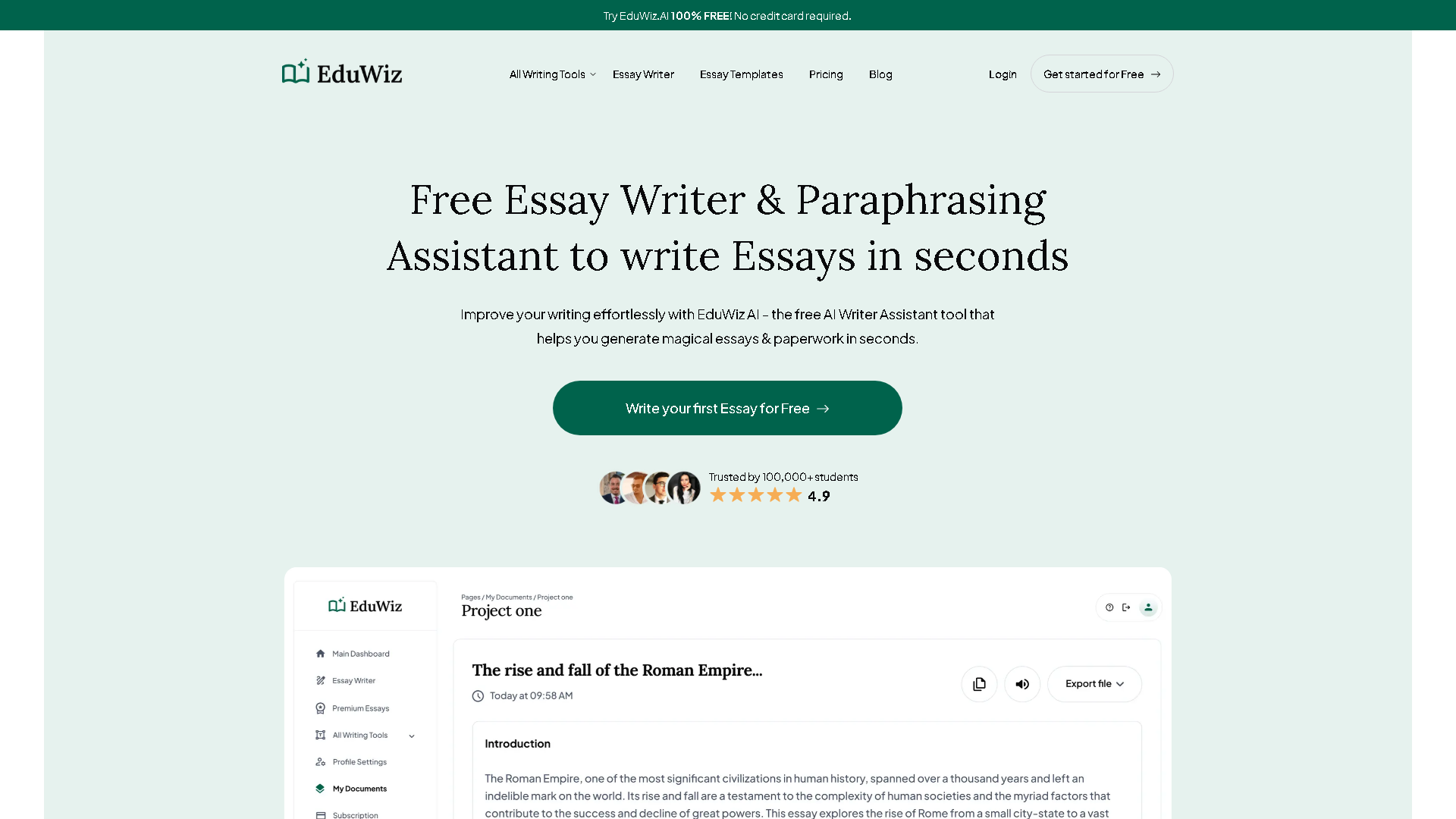 EduWiz AI Interface Screenshot - Writing & Editing Tool