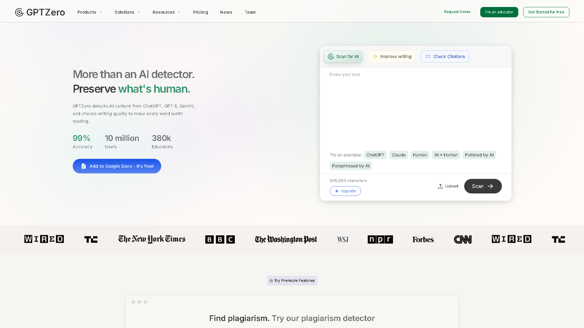 GPTZero Interface Screenshot - Writing & Editing Tool