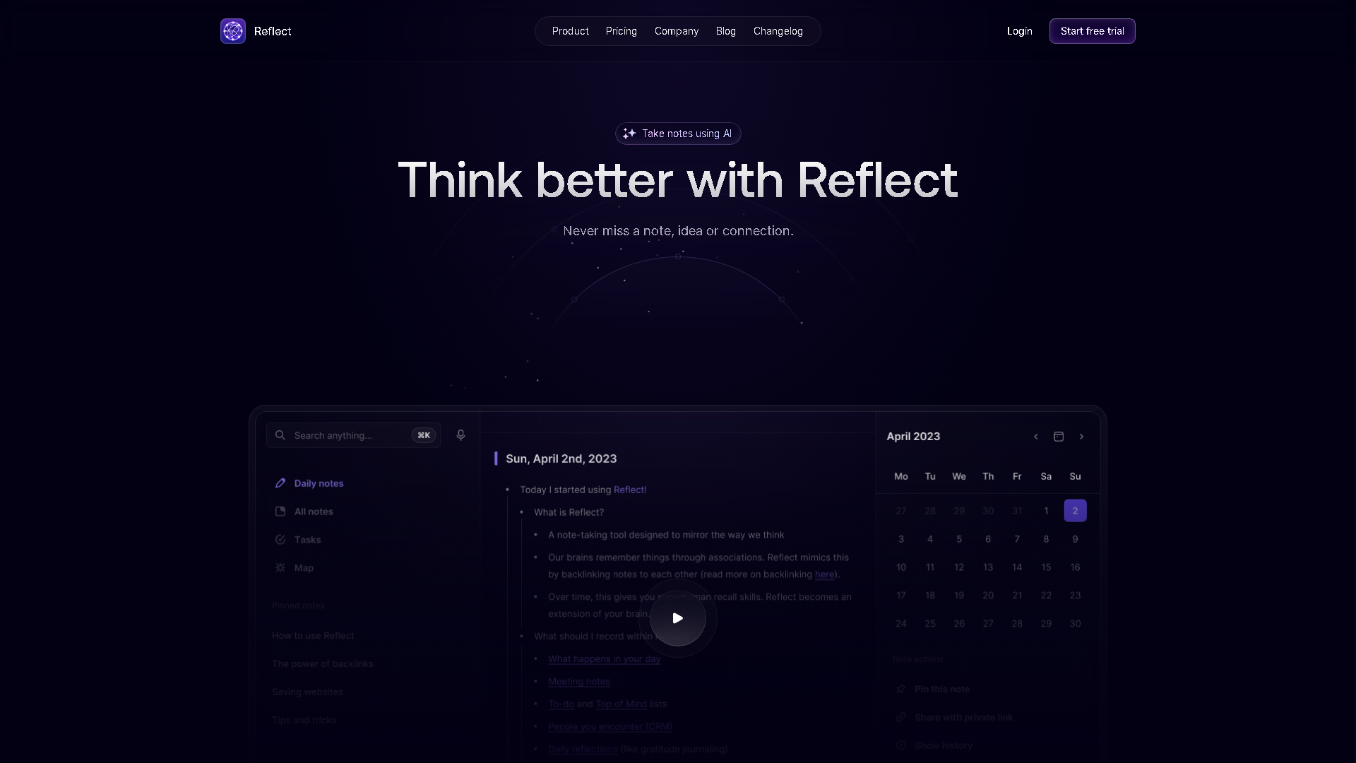 Reflect Notes Interface Screenshot - Writing & Editing Tool