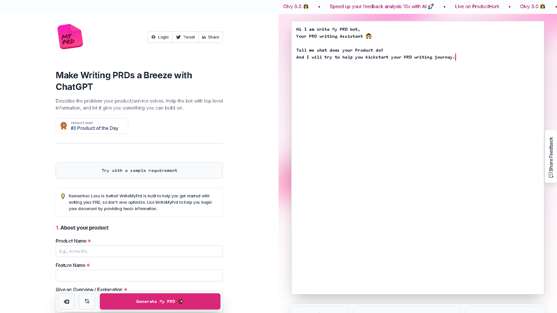 WriteMyPrd Interface Screenshot - Writing & Editing Tool